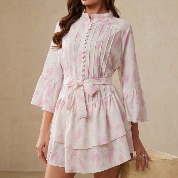 Pink Boho Women's Elegant Floral Dress with Round Neck - Picture 3 of 7